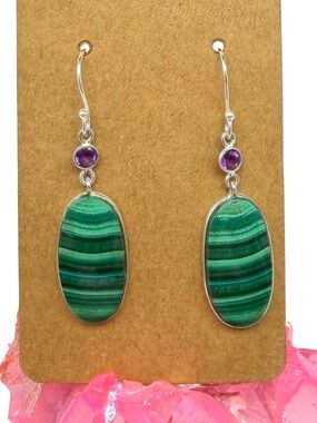 Malachite & Amethyst Earrings Solid 925 Sterling Silver Green Stone